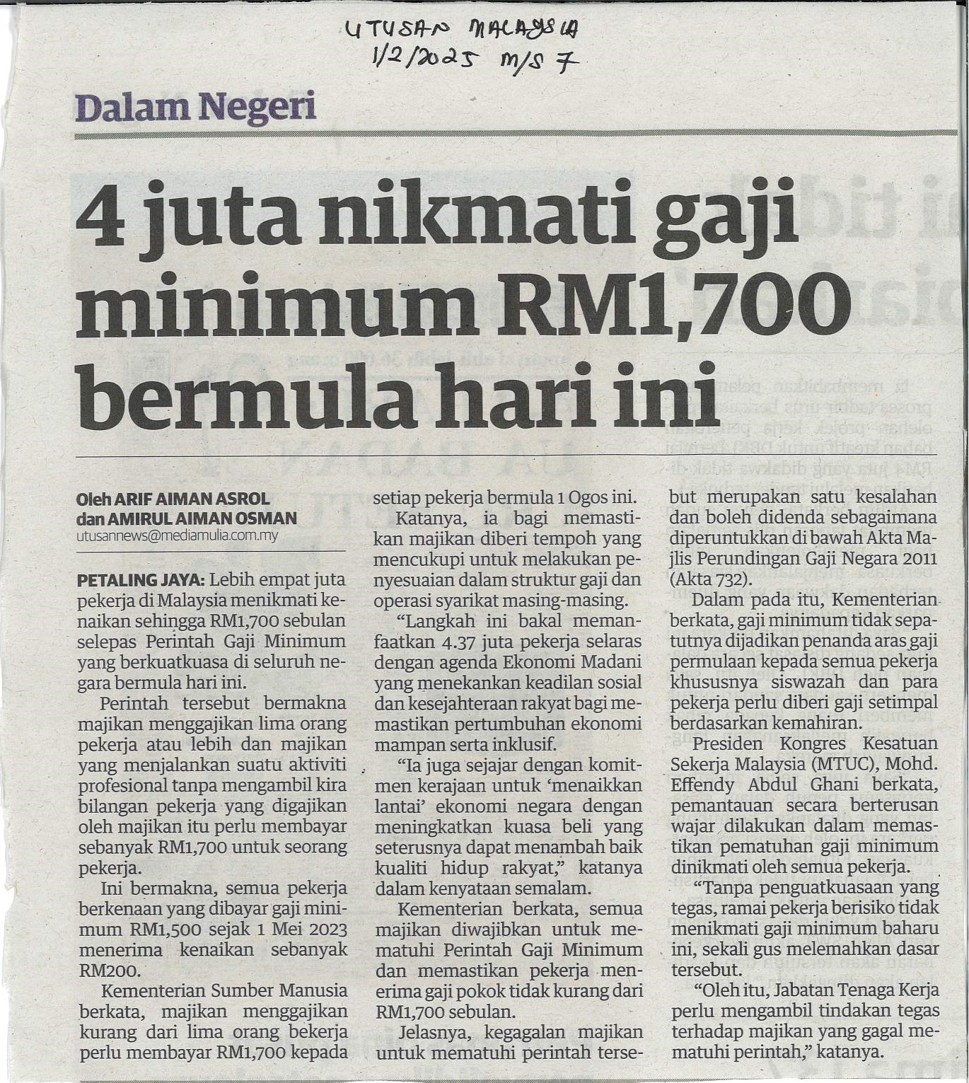 4 Juta nikmati gaji minimum RM 1700 bermula hari ini