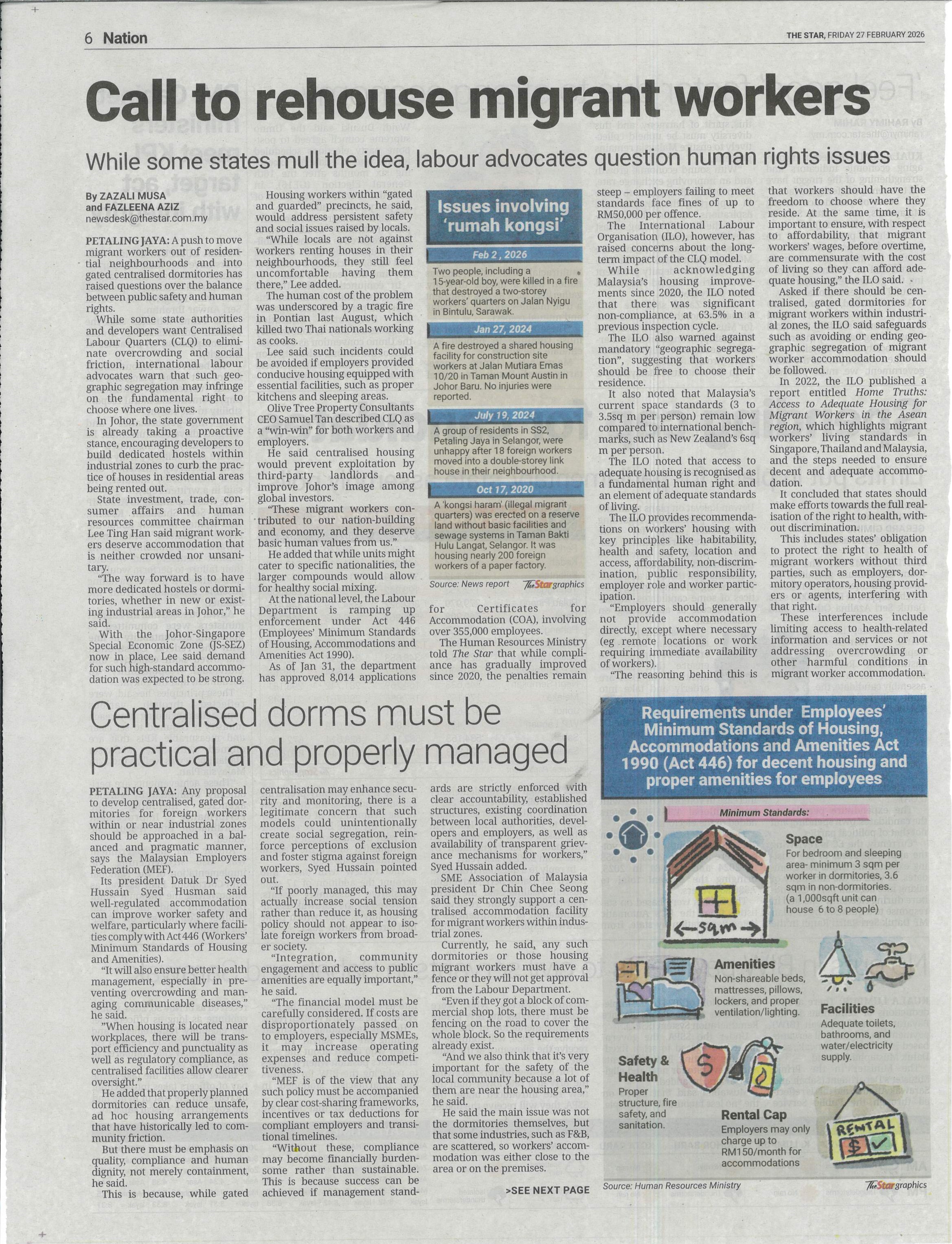 CALL TO REHOUSE MIGRANT WORKERS THE STAR